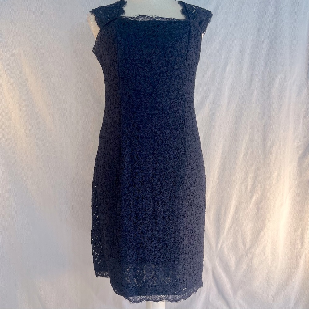 Adrianna Papell Dress Cocktail Navy Blue Lace Overlay Square Neck Sleeveless 6 👍